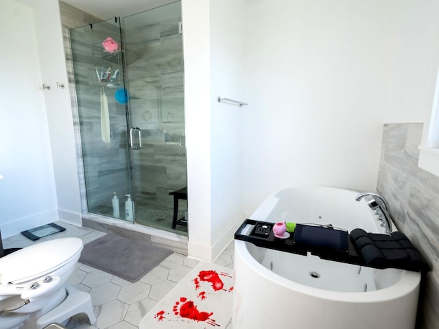 bathroom with tile patterned flooring, toilet, and a shower with door