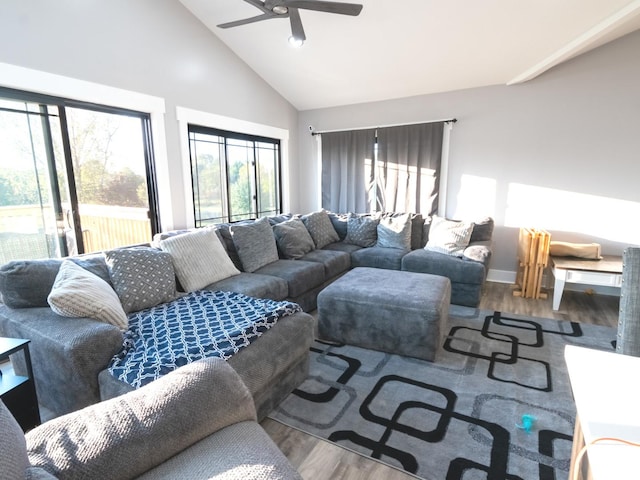 living room with wood-type flooring, high vaulted ceiling, and ceiling fan