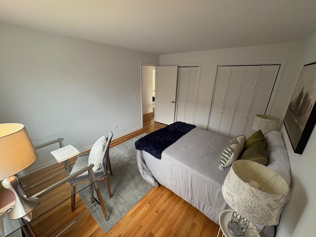 bedroom featuring hardwood / wood-style floors and two closets