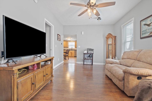 living room with ceiling fan, a textured ceiling, and hardwood / wood-style flooring