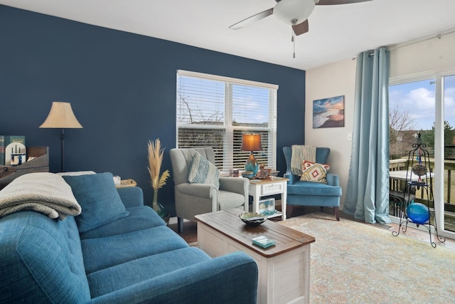 living room with ceiling fan