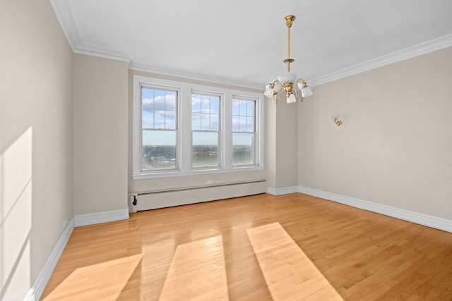 unfurnished room with a notable chandelier, light hardwood / wood-style flooring, crown molding, and a baseboard heating unit