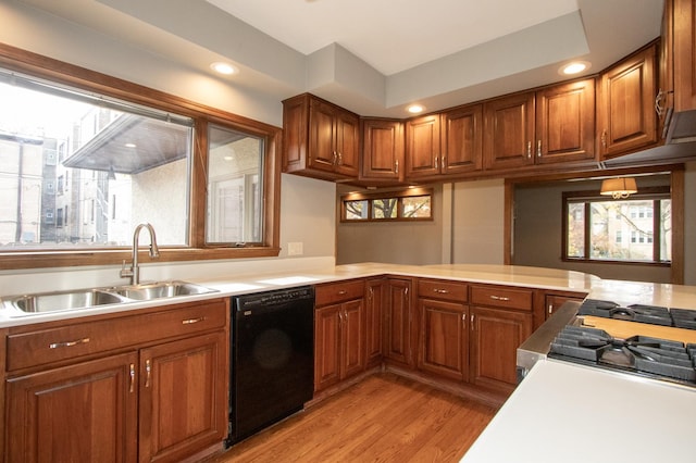 kitchen featuring kitchen peninsula, sink, black dishwasher, and light hardwood / wood-style flooring