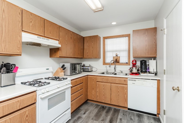 kitchen featuring dark hardwood / wood-style flooring, white appliances, and sink