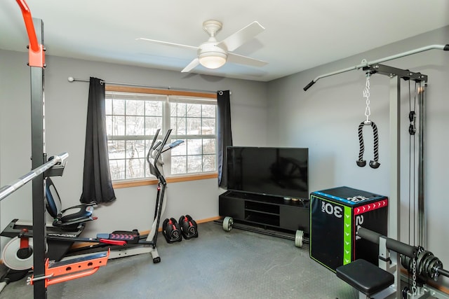 exercise area featuring ceiling fan