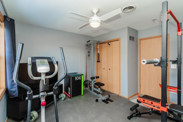 workout room featuring ceiling fan