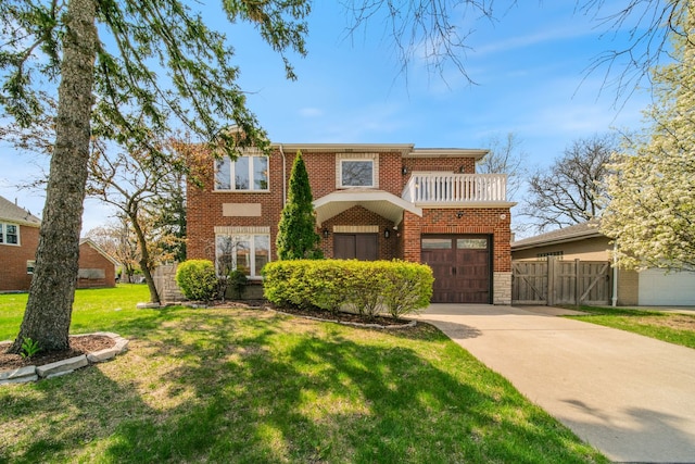 view of front of property with a garage, a front lawn, fence, brick siding, and concrete driveway