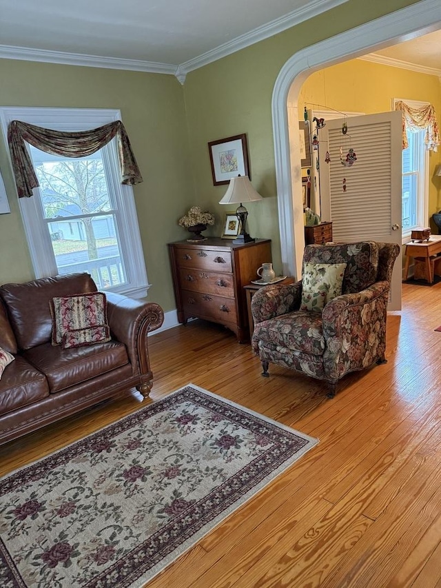 living room with ornamental molding and light wood-type flooring