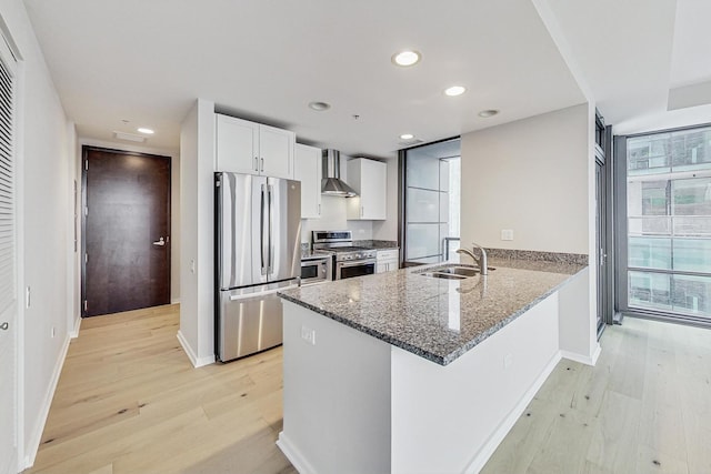 kitchen featuring white cabinetry, sink, wall chimney exhaust hood, kitchen peninsula, and appliances with stainless steel finishes