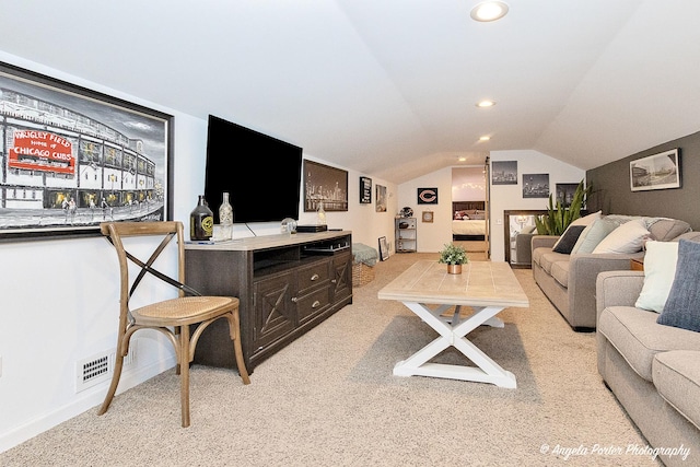 living room with light colored carpet and lofted ceiling