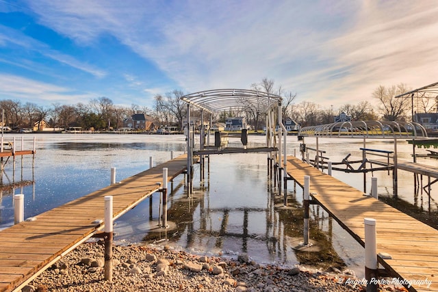 view of dock with a water view