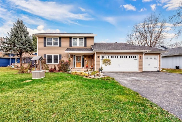 view of property featuring a front yard and a garage