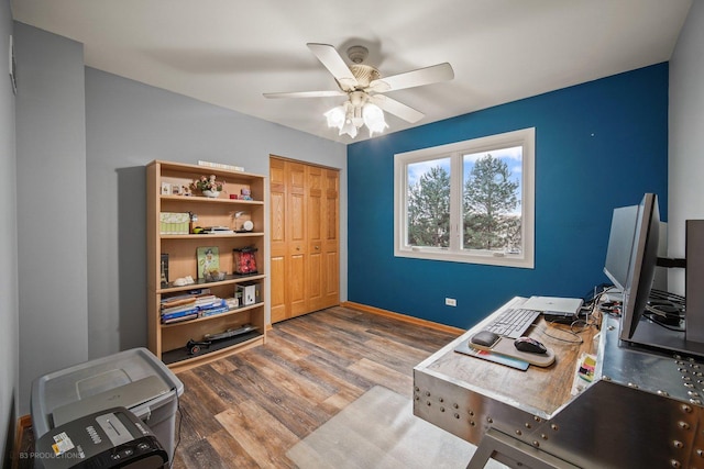 office space featuring ceiling fan and wood-type flooring