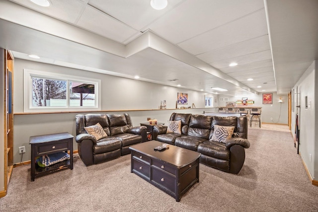 living room with light colored carpet