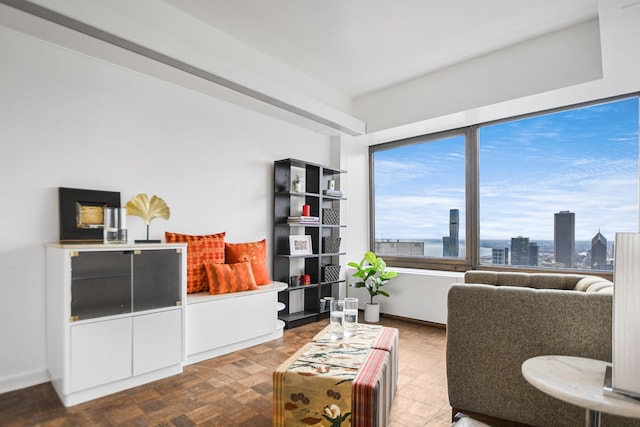 living room with parquet floors