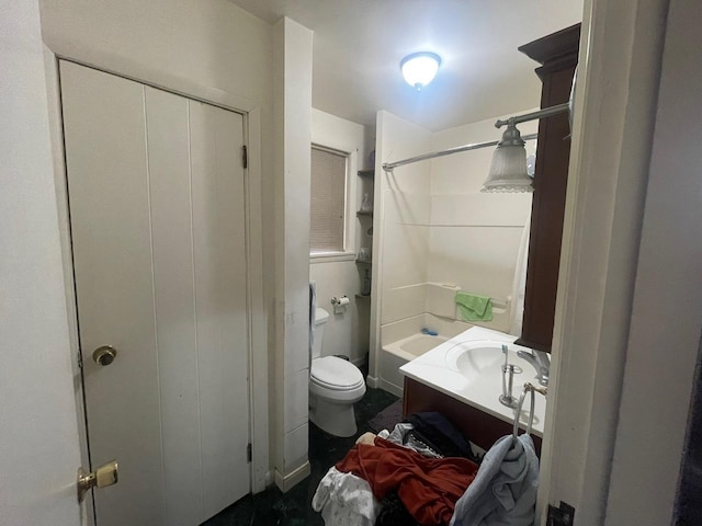 full bathroom featuring vanity, shower / bath combination, and toilet