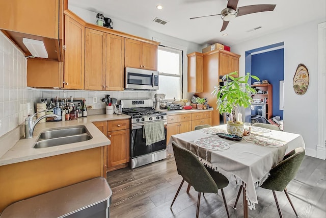 kitchen featuring backsplash, sink, ceiling fan, appliances with stainless steel finishes, and dark hardwood / wood-style flooring