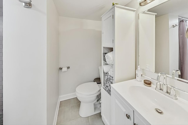 bathroom featuring a shower with curtain, tile patterned flooring, vanity, and toilet