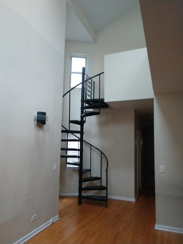 staircase featuring hardwood / wood-style flooring and lofted ceiling