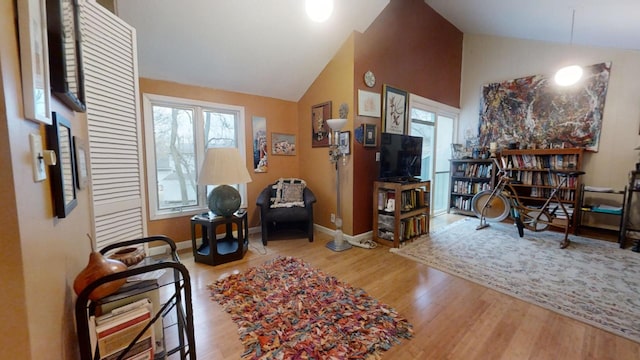 living area featuring hardwood / wood-style floors and high vaulted ceiling