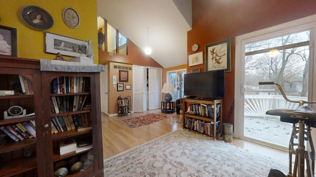 sitting room featuring hardwood / wood-style floors, high vaulted ceiling, and a wealth of natural light