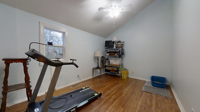 exercise area featuring hardwood / wood-style flooring, ceiling fan, and lofted ceiling