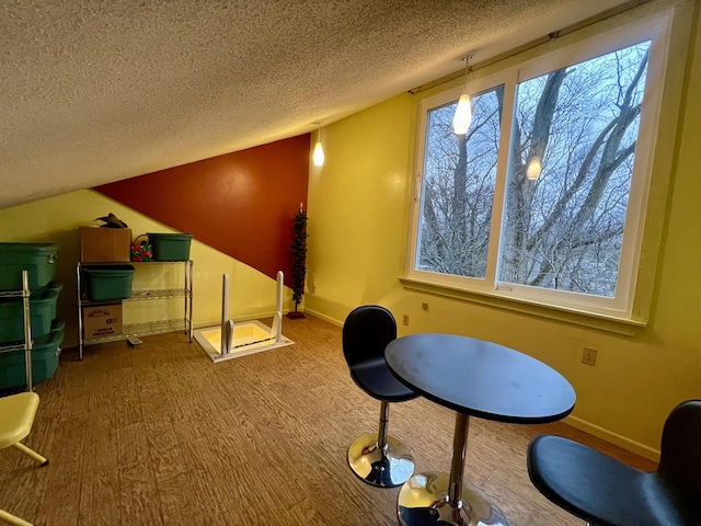 interior space featuring hardwood / wood-style floors, a textured ceiling, and vaulted ceiling