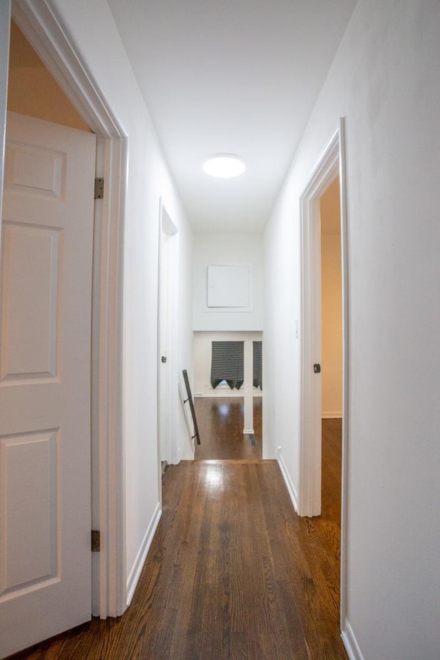 hallway with dark hardwood / wood-style flooring