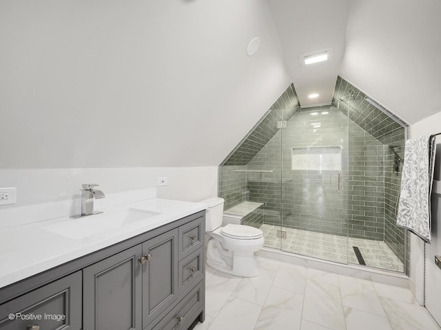 bathroom featuring vanity, toilet, a shower with door, and lofted ceiling