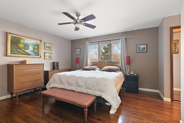 bedroom with ceiling fan and dark wood-type flooring