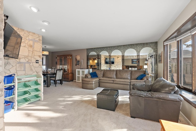 living room featuring light colored carpet