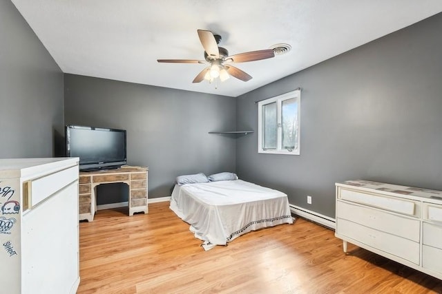 bedroom featuring ceiling fan, light wood-type flooring, and baseboard heating