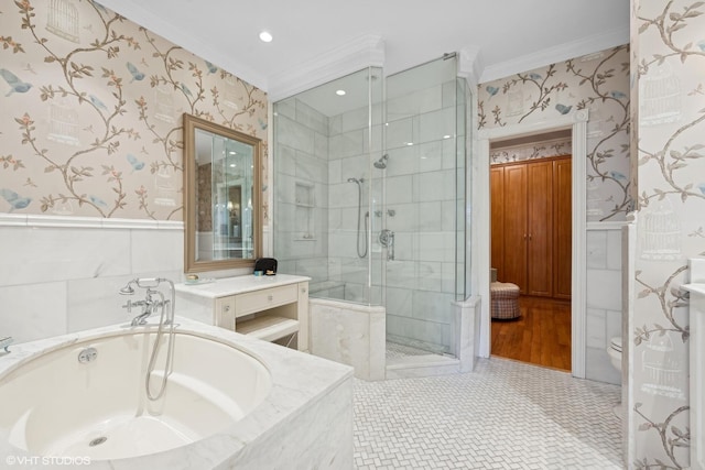 full bathroom with ornamental molding, toilet, tile patterned floors, and plus walk in shower