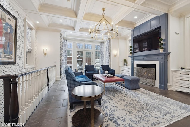 living room featuring beamed ceiling, a notable chandelier, crown molding, and coffered ceiling