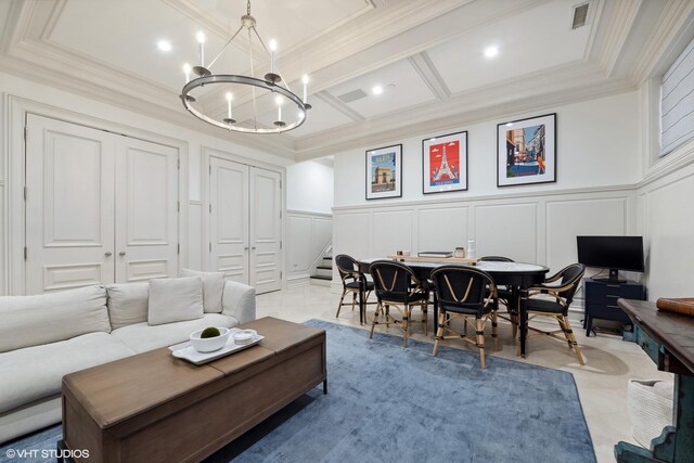 tiled living room featuring beamed ceiling, ornamental molding, coffered ceiling, and a chandelier