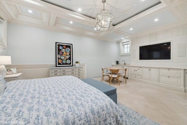 bedroom with beam ceiling, ornamental molding, and coffered ceiling