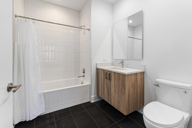 full bathroom with toilet, shower / bath combo, vanity, and tile patterned floors