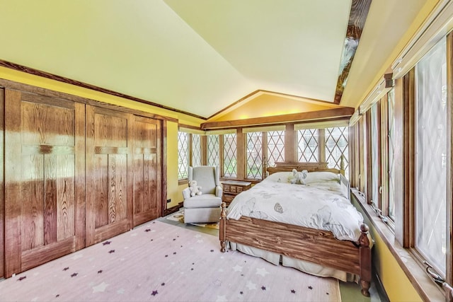 bedroom featuring lofted ceiling