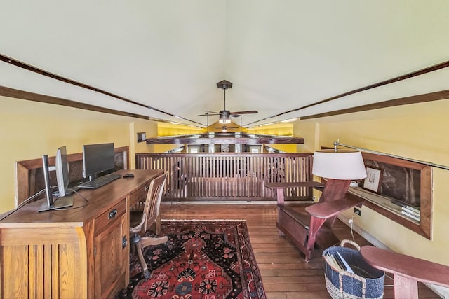 office with vaulted ceiling, wood-type flooring, and a ceiling fan