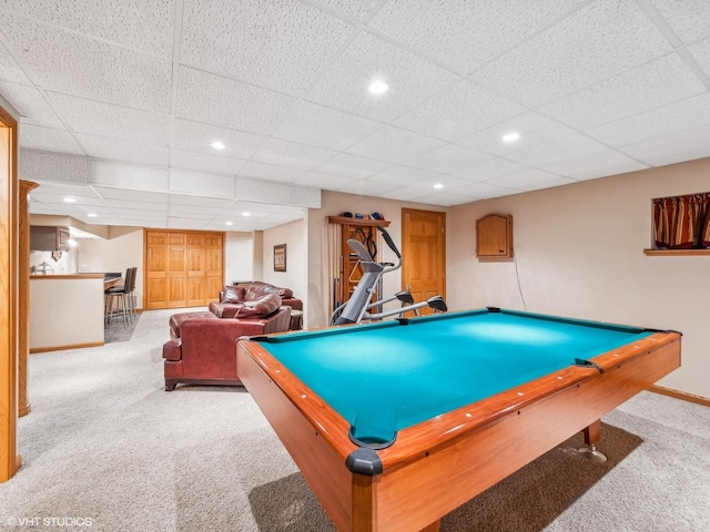 playroom with a paneled ceiling, light colored carpet, and billiards