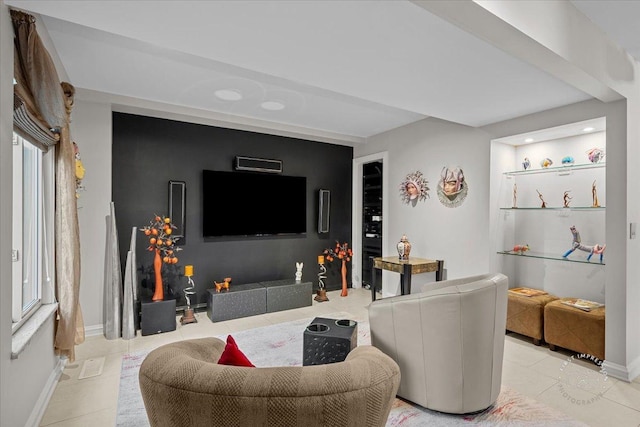 tiled living room with plenty of natural light