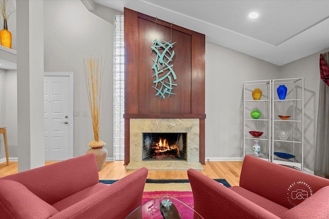 living room featuring a premium fireplace and hardwood / wood-style floors