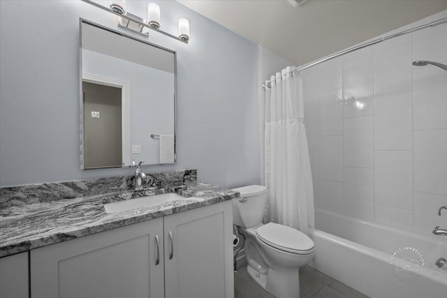 full bathroom with toilet, tile patterned flooring, shower / bath combination with curtain, and vanity