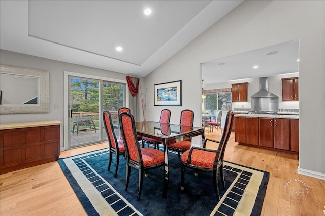 dining room with lofted ceiling, light hardwood / wood-style floors, and plenty of natural light