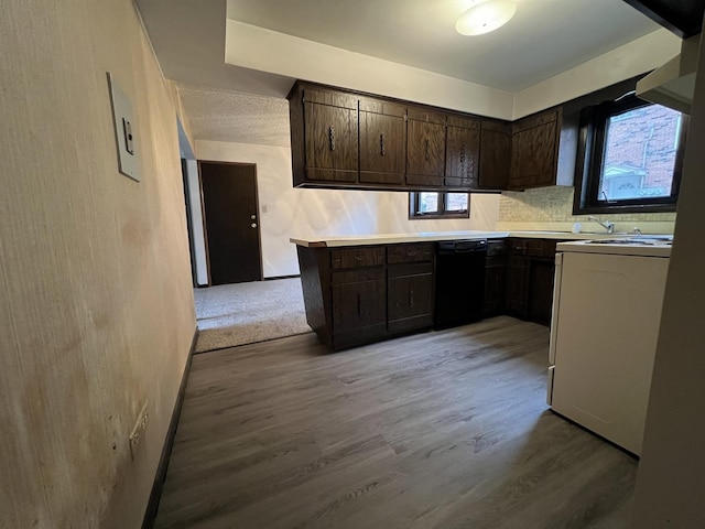 kitchen with dishwasher, light wood-type flooring, tasteful backsplash, and dark brown cabinetry