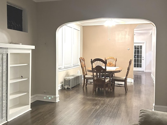 dining area with radiator heating unit, dark hardwood / wood-style floors, and ornamental molding