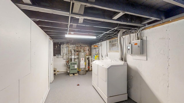 laundry area with electric panel, washer and clothes dryer, and water heater