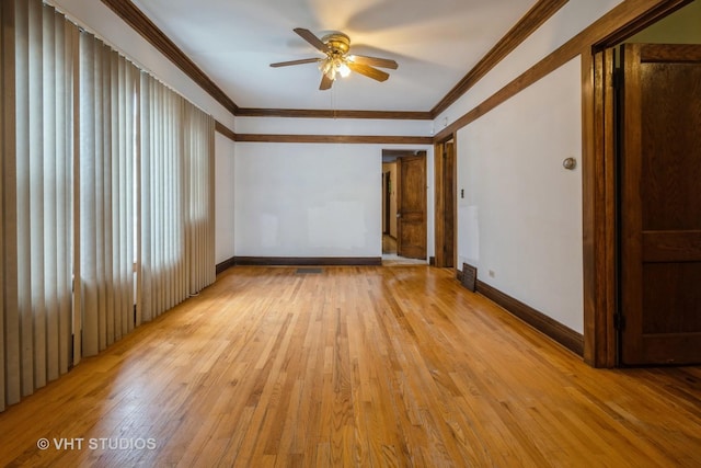 unfurnished room with ceiling fan, crown molding, and light hardwood / wood-style flooring