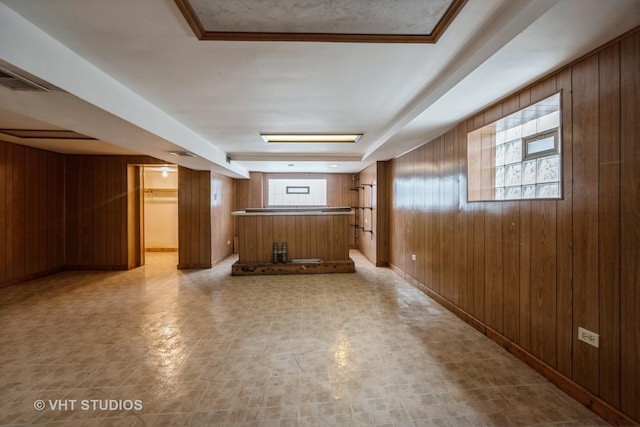 basement featuring wooden walls