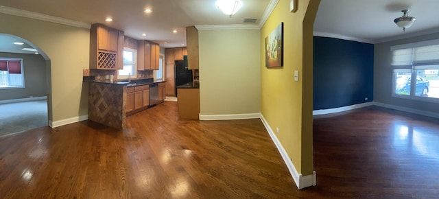 kitchen featuring a wealth of natural light, dark hardwood / wood-style floors, and ornamental molding